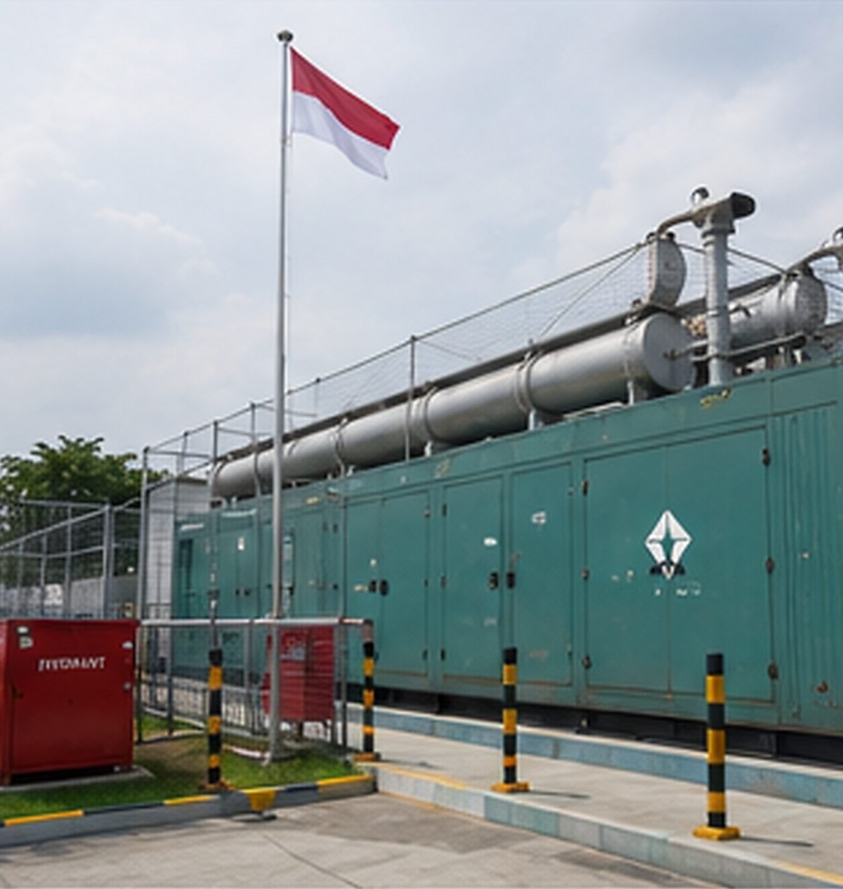 Standby generator installation beside a flagpole flying the Indonesian flag