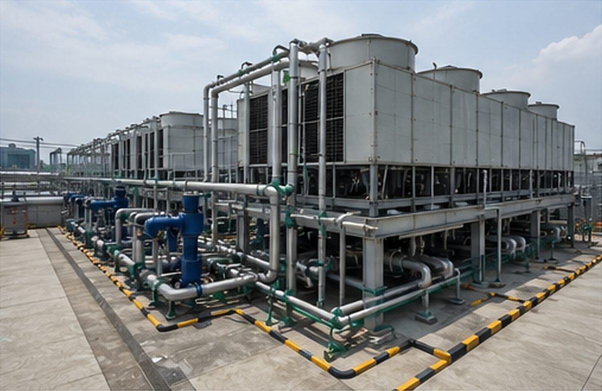 Rooftop cooling towers connected by insulated pipework, valves, and pumps