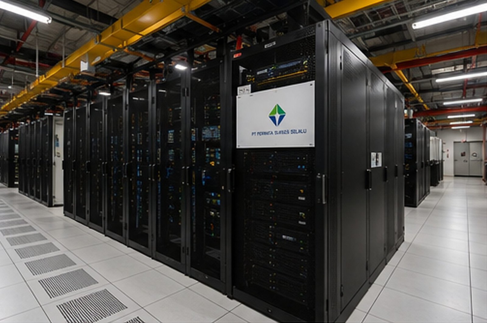 Rows of server cabinets in a data hall with raised flooring and overhead cable trays