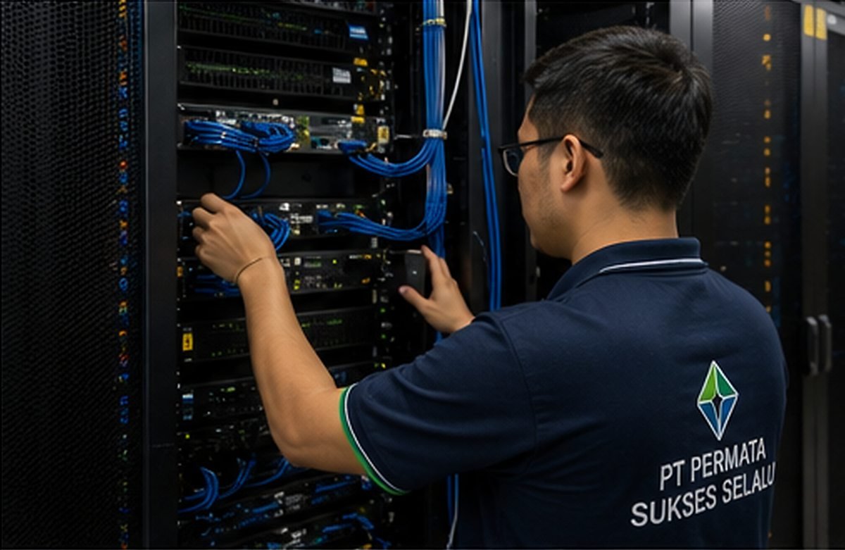 Technician in company uniform working on structured cabling at the front of a network cabinet