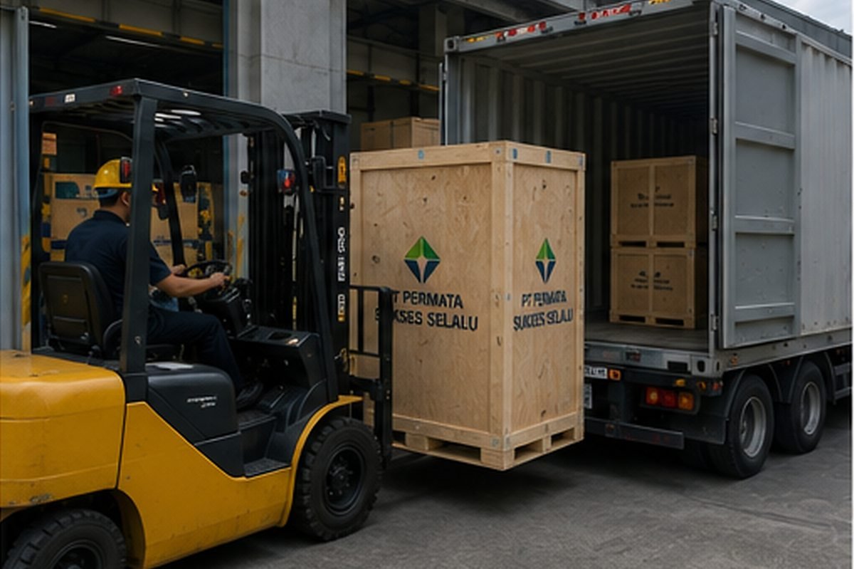Forklift operator moving a crated shipment toward a container truck at a loading bay