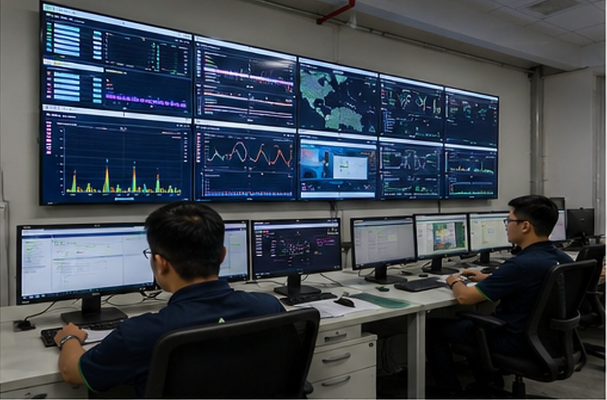 Two operators at monitoring workstations in front of a video wall showing network and system dashboards