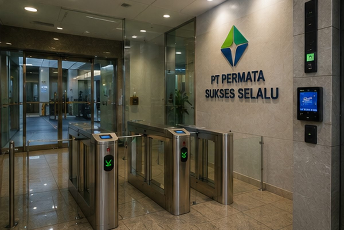 Lobby entrance with speed gates, card readers, and the company name mounted on the wall